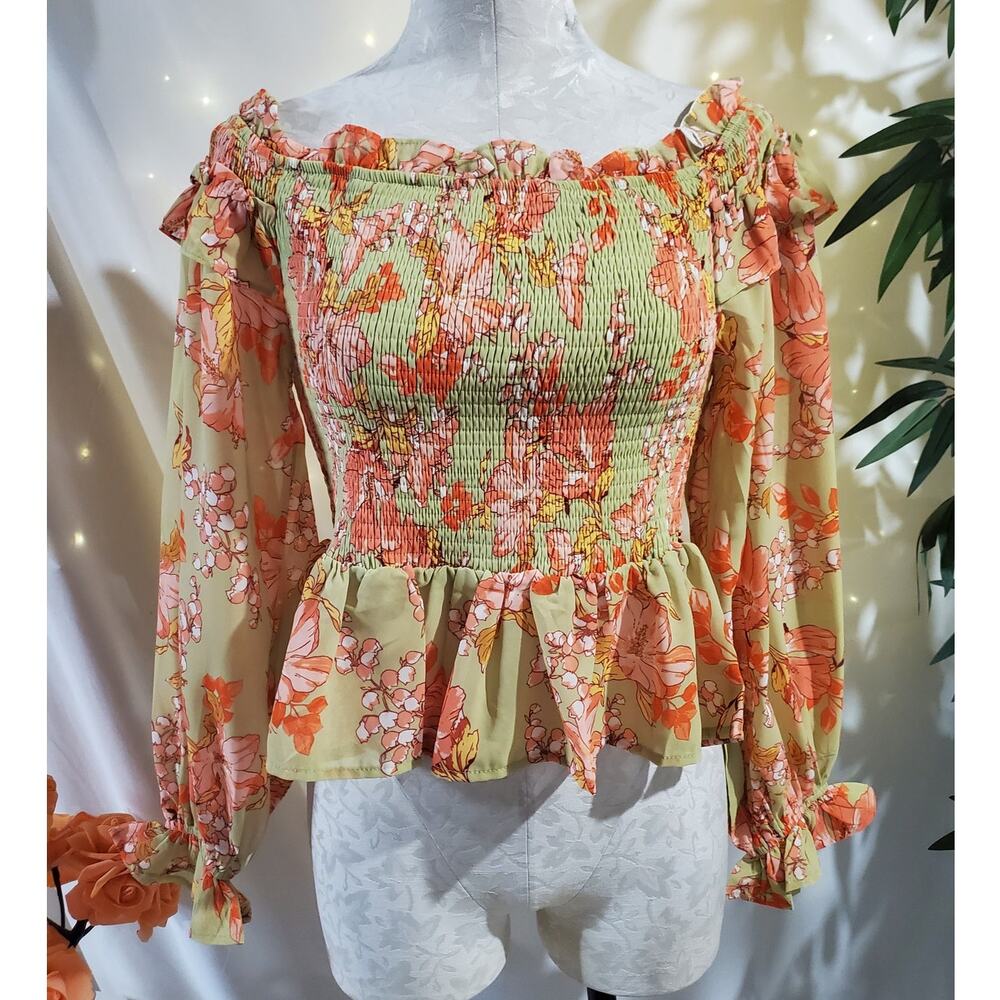 Flying Tomato Anthropologie Smocked Floral Peplum Balloon Sleeve Top Size L Boho